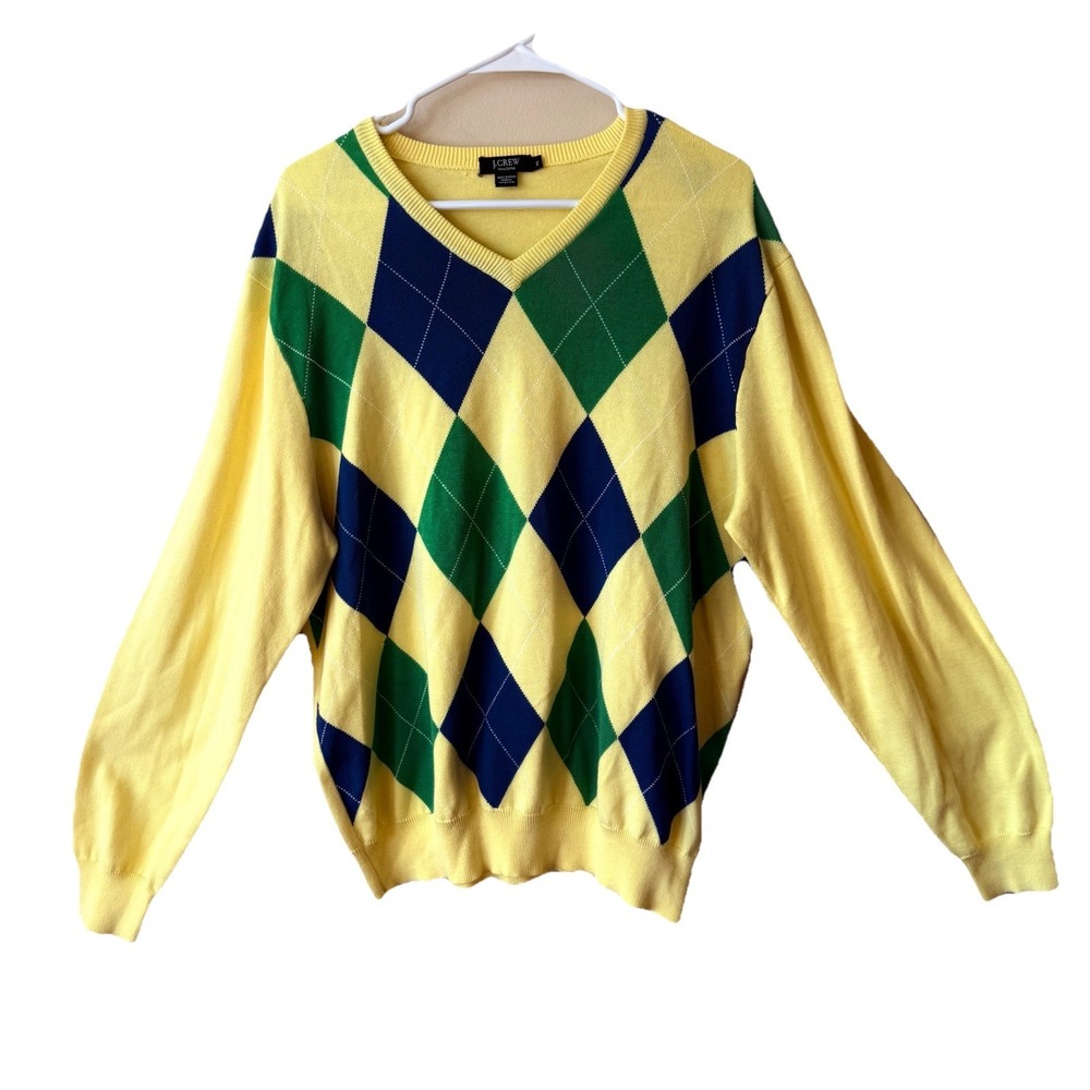 J. Crew Vintage XL Men Pima Cotton Argyle Plaid V-Neck Preppy Yellow Sweater‎